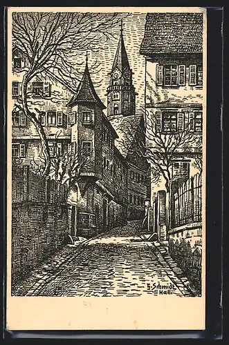 Künstler-AK Schwäb. Hall, In der Kirchgasse