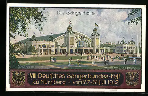 Künstler-AK Nürnberg, VIII. Deutsches Sängerbundes-Fest 1912, Die Sängerhalle, Wappen