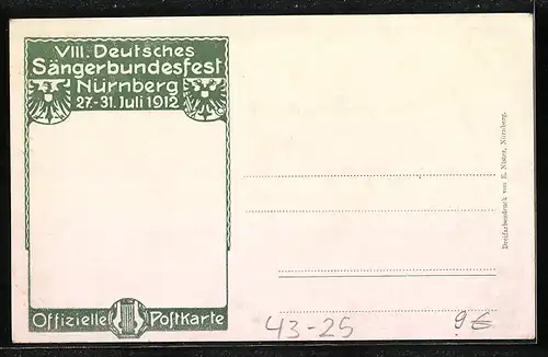 Künstler-AK Nürnberg, VIII. Deutsches Sängerbundes-Fest 1912, Die Sängerhalle, Wappen