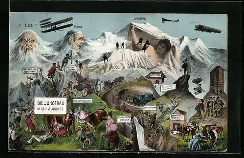 AK Die Jungfrau in der Zukunft, vermenschlichte Berge, Eisenbahn, Kühe, Doppeldecker, Wanderer, Berggesichter