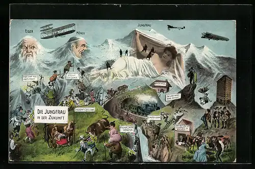 AK Die Jungfrau in der Zukunft, vermenschlichte Berge, Eisenbahn, Kühe, Doppeldecker, Wanderer, Berggesichter