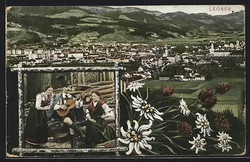 AK Leoben, Ortsansicht mit Wildblumen, Musiker mit Gitarre