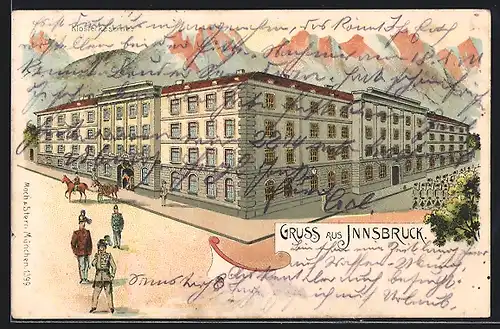 Lithographie Innsbruck, Klosterkaserne, paradierende Soldaten