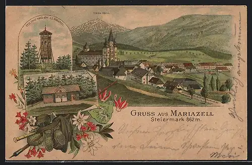 Lithographie Mariazell, Erzh. Franz Karls-Höhe, Schutzhaus u.d. Bürgeralpl, Totalansicht mit Kirche