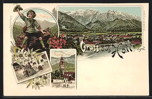Lithographie Hall in Tirol, Ortsansicht mit Rathaus, Tiroler Bub