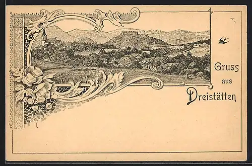 Lithographie Dreistätten, Panoramablick auf Ort und Umgebung