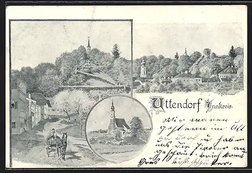 Künstler-AK Uttendorf im Innkreis, Kirche, Strassenpartie im Ort