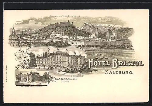 Lithographie Salzburg, Totalansicht mit Hotel Bristol
