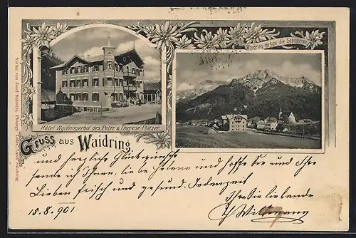 AK Waidring, Hotel Waidringerhof des Peter & Therese Plätzer, Ortsansicht gegen Steinberge
