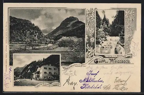 AK Weissbach, Gasthof Frohnwies, K. K. Postamt, Eingang in die Seisenberg-Klamm, Thal mit Kammerlinghorn u. Hochkranz