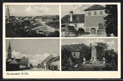 AK Guntersdorf, Denkmal, Eingang zum Schloss, Strassenpartie aus der Vogelschau