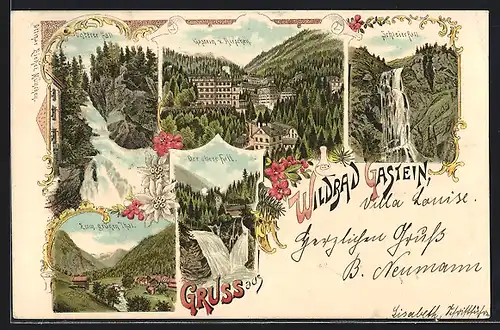 Lithographie Wildbad Gastein, Ortsansicht v. Hirschen, Schleierfall, Zum grünen Thal