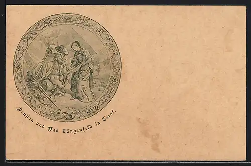 Künstler-AK Längenfeld im Ötztal, Hotel-Pension und Bad, müder Wanderer