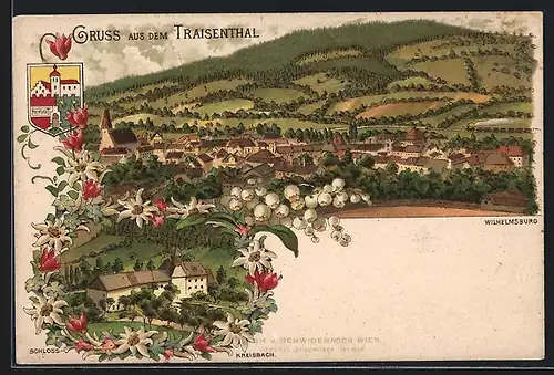 Lithographie Wilhelmsburg /Traisenthal, Ortsansicht, Schloss Kreisbach, Wappen