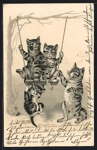 Lithographie Katzen auf Schaukel