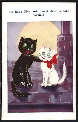 Künstler-AK Schwarzer Kater gesteht kleiner Katze seine Liebe