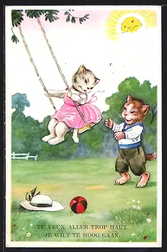 AK verliebtes Katzenpaar beim Schaukeln, vermenschlichte Tiere