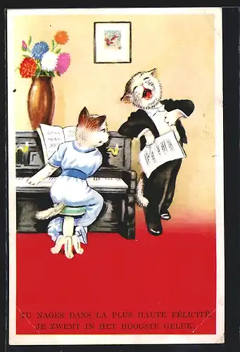 Künstler-AK Katzendame spielt Klavier und Kater singt dazu