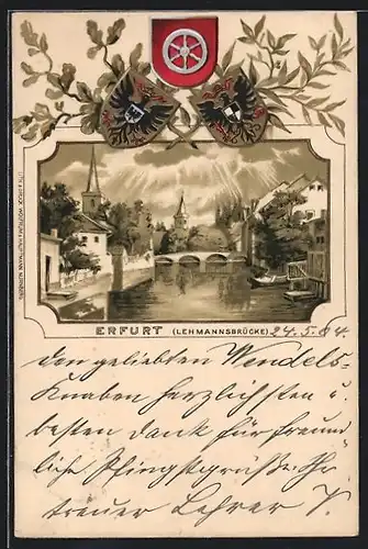 Passepartout-Lithographie Erfurt, Lehmannsbrücke mit Wappen