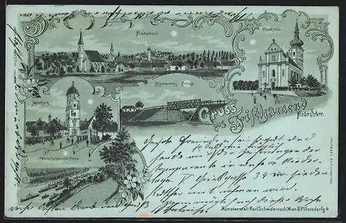 Mondschein-Lithographie Fischamend, Winterhafen in der Fischa, Kielmansegg-Brücke, Pfarrkirche