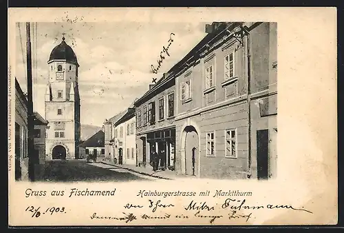 AK Fischamend, Hainburgerstrasse mit Marktturm