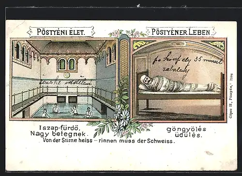 Lithographie Pöstyén, Menschen im Badehaus