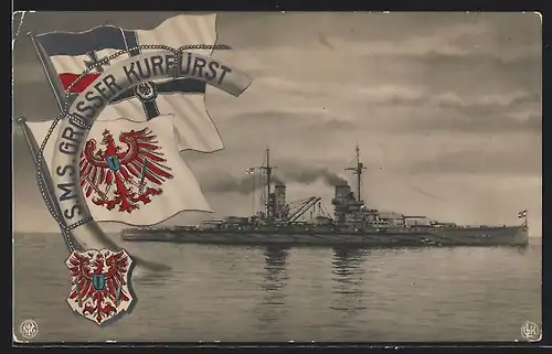 AK Kriegsschiff S.M.S. Grosser Kurfürst mit Wappen und Fahnen