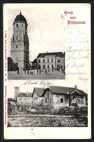 AK Fischamend, Gasthof zum weissen Schwan, Turm, Gebäude mit Garten