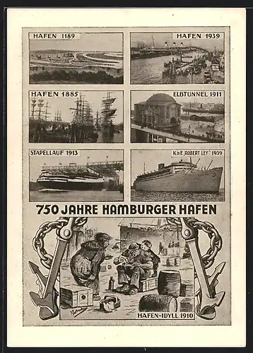 AK Hamburg, 750 Jahre Hafen, Ansichten des Hafens im Jahre 1939, 1885, 1189, Elbtunnel, Stapellauf 1913, Schiff