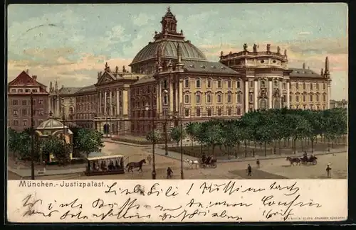 AK München, Pferdebahn beim Justizpalast