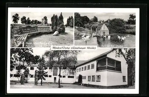 AK Müden /Oertze, Jugendherberge, Herm. Löns Denkmal und Pommernbank