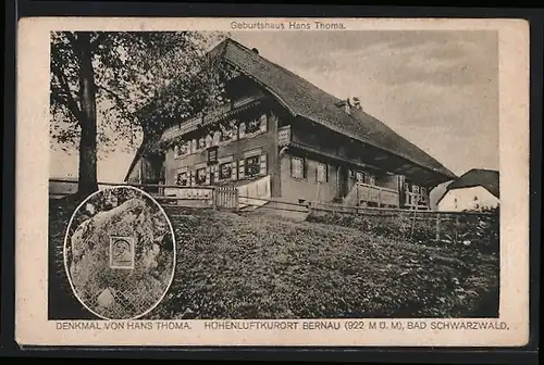 AK Bernau /Bad. Schwarzwald, Denkmal von Hans Thoma, Geburtshaus Hans Thoma