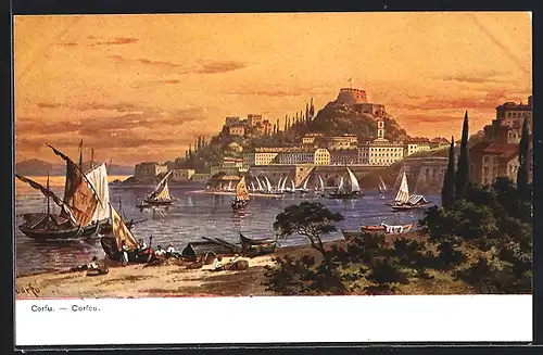 AK Corfu, Ortsansicht mit Hafenpartie