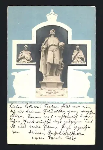 Foto-Collage-AK Statue Otto IV. mit dem Pfeil, Droiseke v. Kroecher, Johann v. Buch