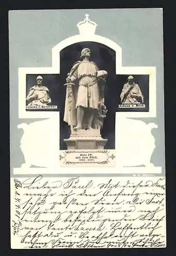 Foto-Collage-AK Statue Otto IV. mit dem Pfeil, Johann v. Buch, Droiseke v. Kroecher