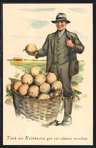 Künstler-AK Mann mit Korb voller Wurzelgemüse, Tänk att Kalkkväve...
