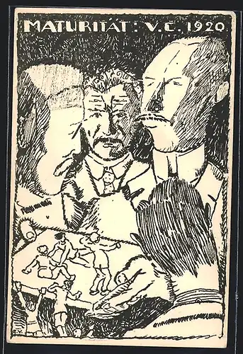 Künstler-AK Absolvia, Maturitat 1920, Kleine Studenten und riesige Professoren