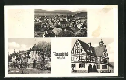 AK Mengerschied i. Hunsrück, Karl Pfaff Ferienheim, Rathaus & Panorama