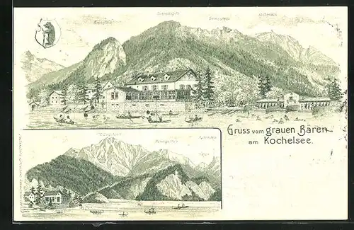 Lithographie Kochel am See, Hotel Grauer Bär mit Kienstein, Sommenspitz und Gemsstein, Panorama mit Nasen & Heimgarten