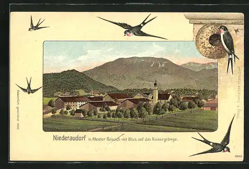 Präge-Lithographie Niederaudorf, Panorama mit Kloster Reisach und Schwalben