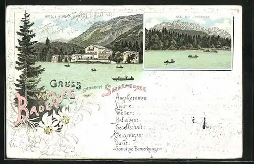Lithographie Badersee, Hotel & Pension Badersee, See mit Zugspitze
