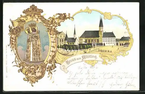 AK Altötting, Blick zur Kirche und Marienbild in goldfarbenen Rahmen