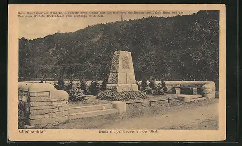 AK Hausen a.d. Wied, Gedenkstein im Wiedbachtal anlässl. des Hochwassers 1909