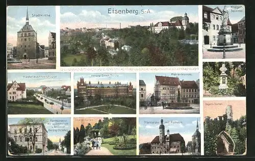 AK Eisenberg S.-A., Gesamtansicht, Stadtkirche, Herzog Ernst-Schule, Kriegerdenkmal, Geyers Garten