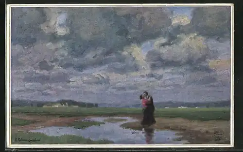 Künstler-AK Wohlgemuth & Lissner, Primus-Postkarte No. 5023: Paar küsst sich bei aufziehendem Sturm