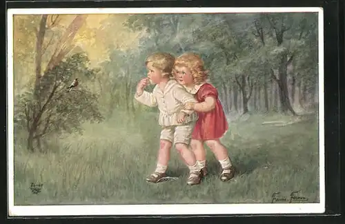 Künstler-AK Wohlgemuth & Lissner, Primus-Postkarte No. 1254: Kinderpaar und Vöglein im Walde
