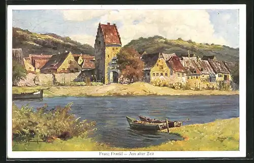 Künstler-AK Wohlgemuth & Lissner, Primus-Postkarte No. 03391: Aus alter Zeit, Uferpartie mit Booten