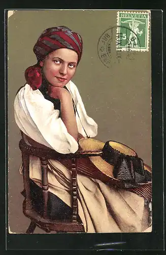 AK Bern, Haslitalerin mit Kopftuch und Hut