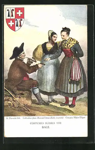 Künstler-AK Bale, Costumes suisses 1830, Mann mit Tabakpfeife und zwei Frauen in Tracht