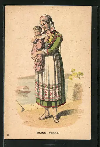 Künstler-AK Tessin, Anciens Costumes Suisses authentiques, Schweizerin in Tracht mit Kind